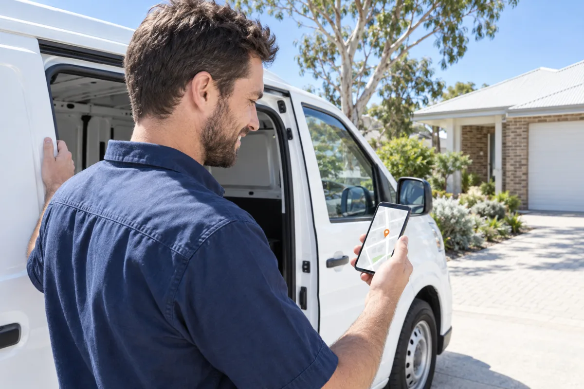 A Perth plumber beside his white work van in a suburban driveway, checking a map on his phone