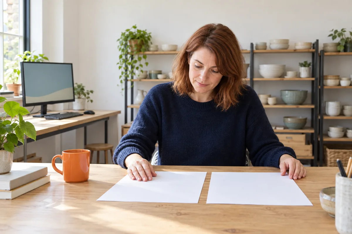 A shop owner at a light oak table in a bright back office comparing two printed SEO proposals laid side by side