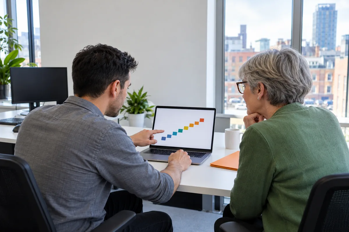 Two colleagues in a bright office looking over an open laptop that shows a simple rising chart
