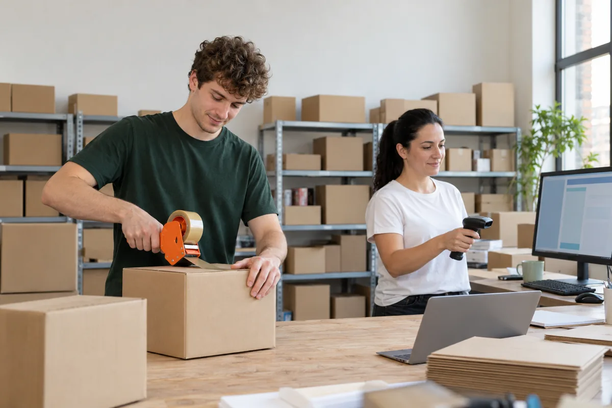 Two staff in a bright small warehouse, one taping a cardboard parcel shut and the other holding a barcode scanner
