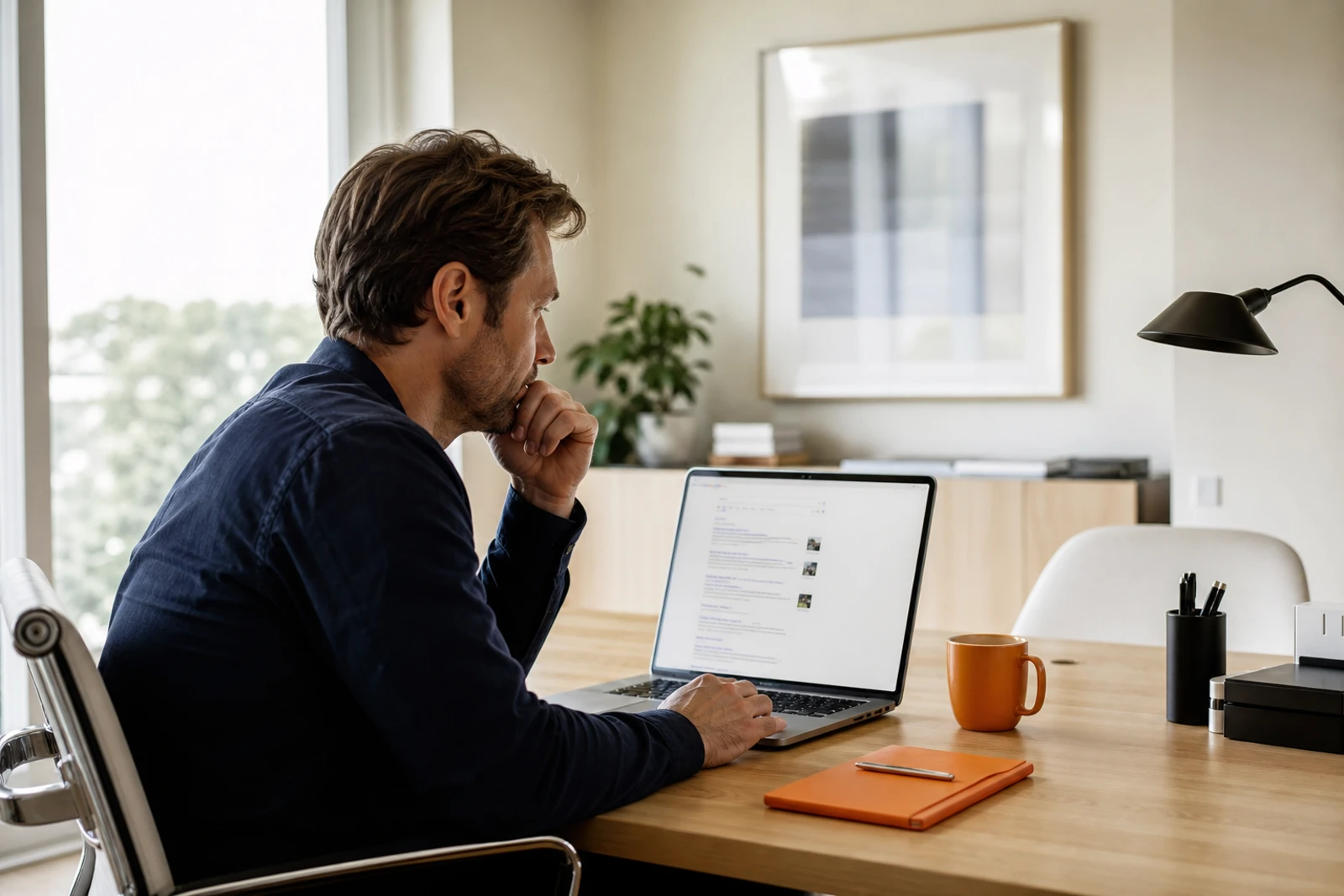 Small business owner at a bright desk reviewing search results on a laptop, orange notebook beside the keyboard