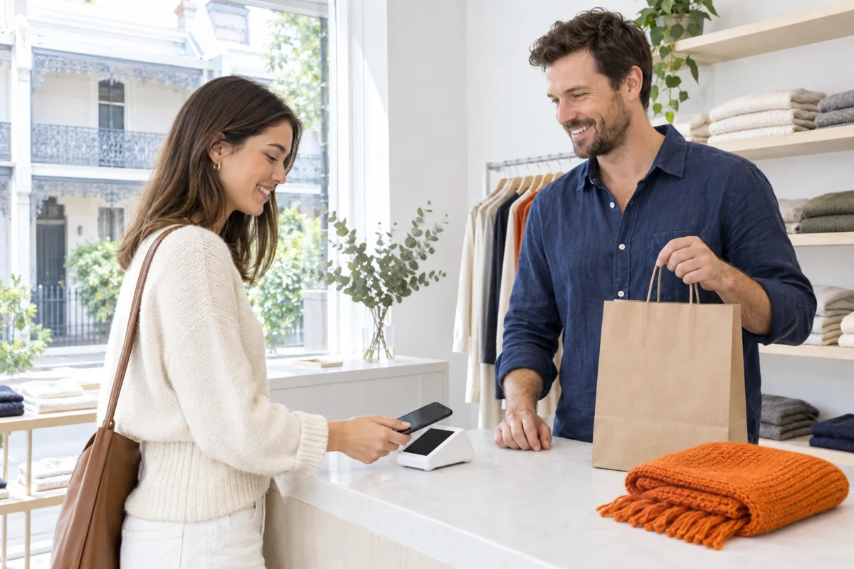A customer tapping her phone on a plain card reader at the counter of a bright clothing boutique in Paddington, Sydney, while the owner holds her shopping bag