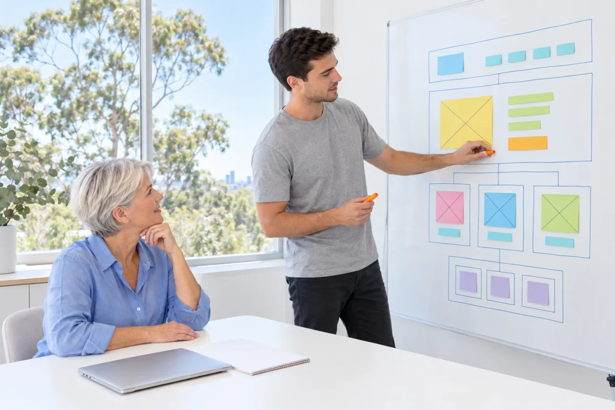 A Shopify developer in a bright Perth studio arranging coloured sticky notes into a store page wireframe on a whiteboard while the store owner watches from the table