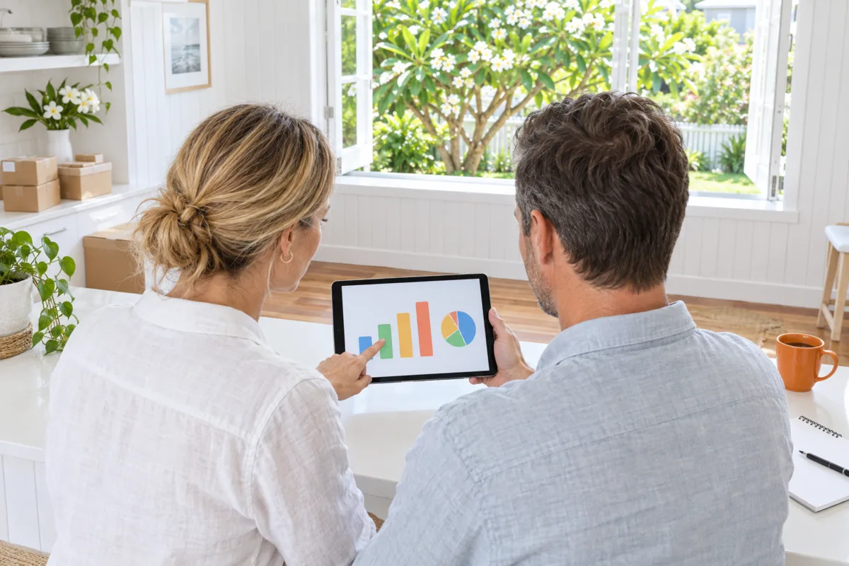 Two owners of a small online homewares business in a bright Brisbane Queenslander kitchen, reviewing a simple bar chart of their monthly costs on a tablet