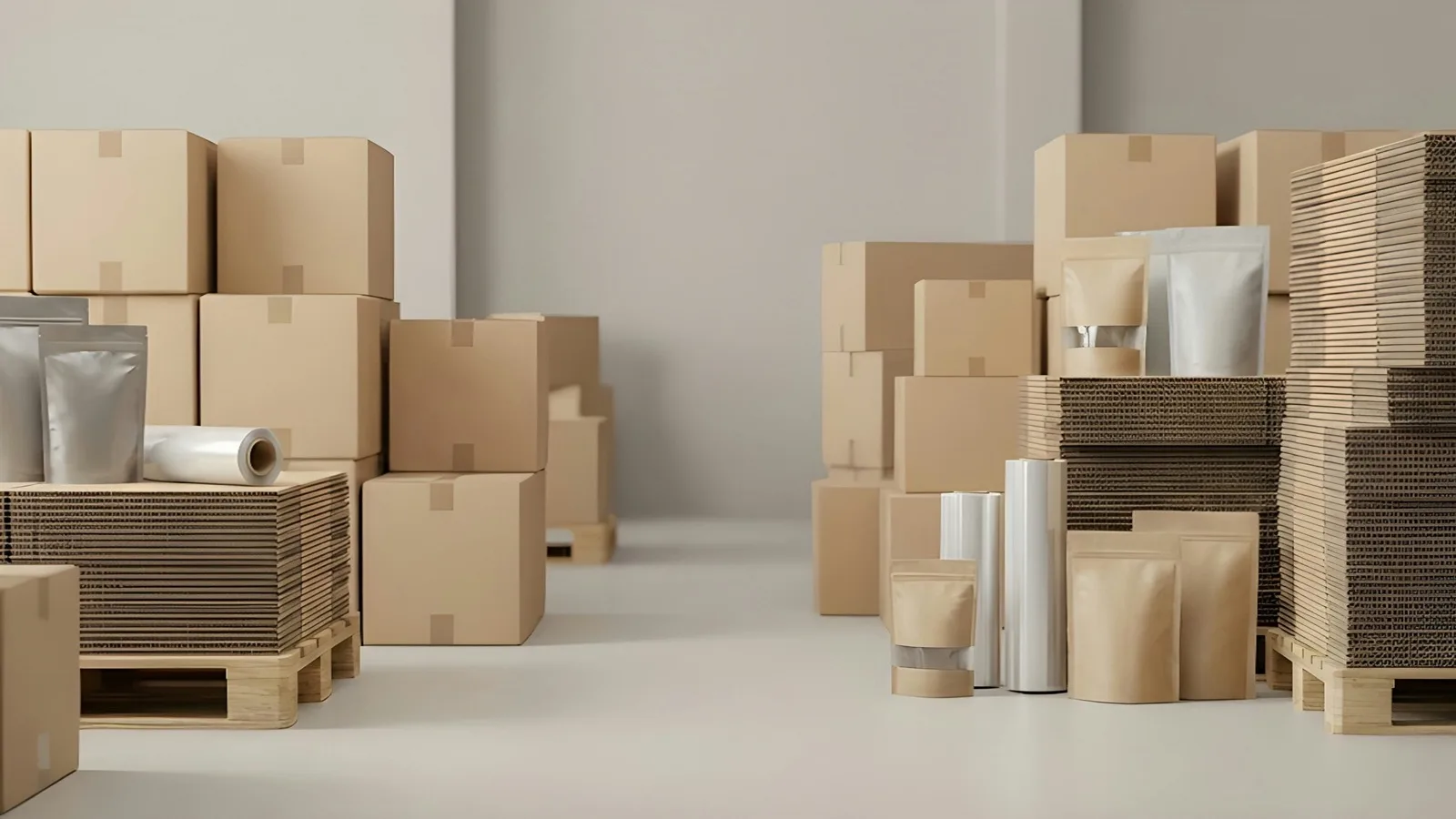 Stacked cardboard boxes and packaging supplies on pallets, representing multi-channel order fulfillment and inventory sync across marketplaces