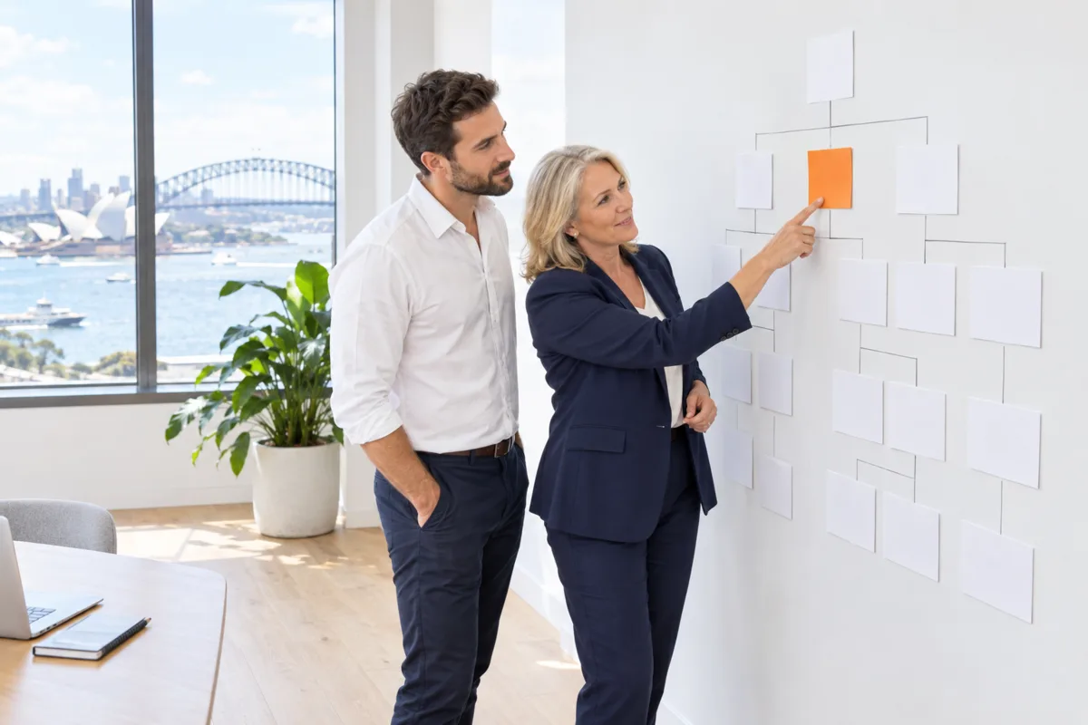 A Sydney business owner points to one orange card on a site map of blank cards pinned to an office wall, beside a project lead