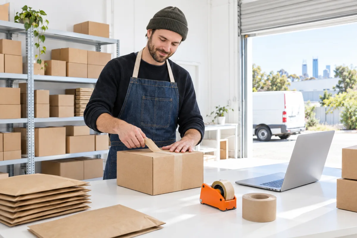 A Perth online store owner in a denim apron tapes a parcel at a white packing bench beside a laptop