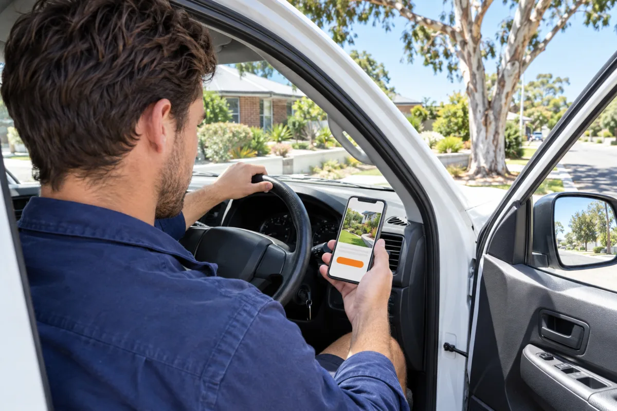 A Brisbane landscaper sits in the open door of his white ute checking a simple mobile website layout on his phone