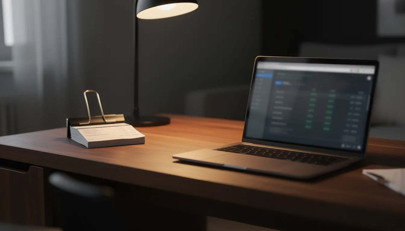 An empty office desk with a laptop showing a hosting billing dashboard, a stack of printed invoices and a calculator beside it