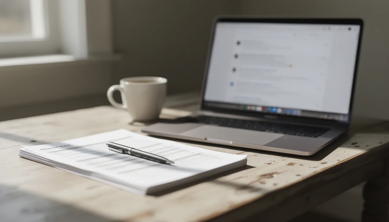 A desk with a laptop showing search results beside a printed agency proposal, representing a business owner deciding what SEO actually buys