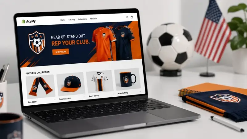 Shopify store dashboard on laptop showing World Cup merchandise with soccer ball and US flag in the background, orange and white editorial style