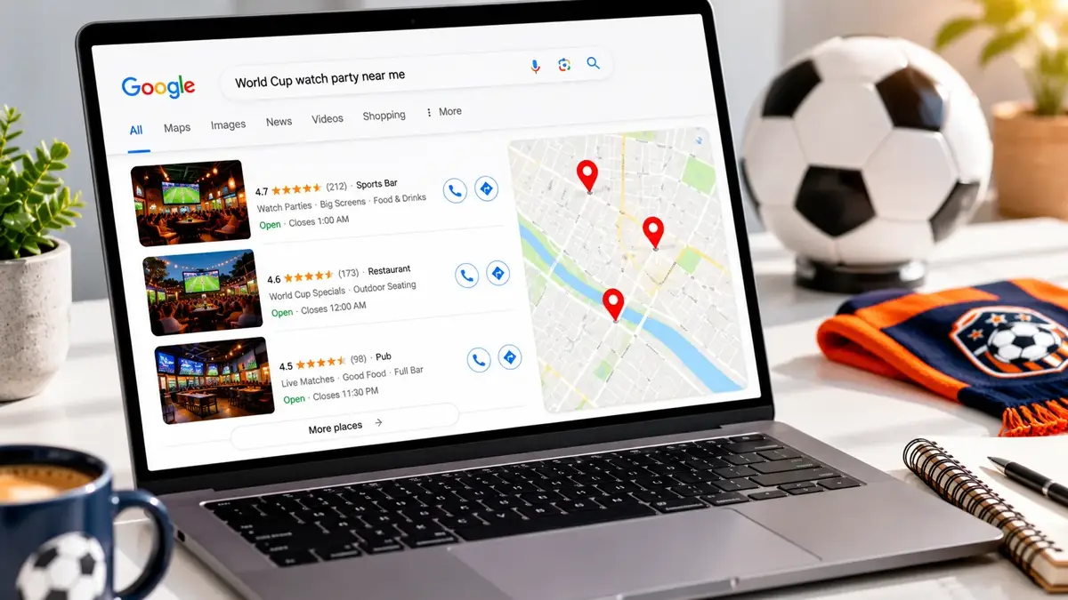 Google search results page showing World Cup 2026 local pack results with map pins on a laptop screen, editorial orange and white style