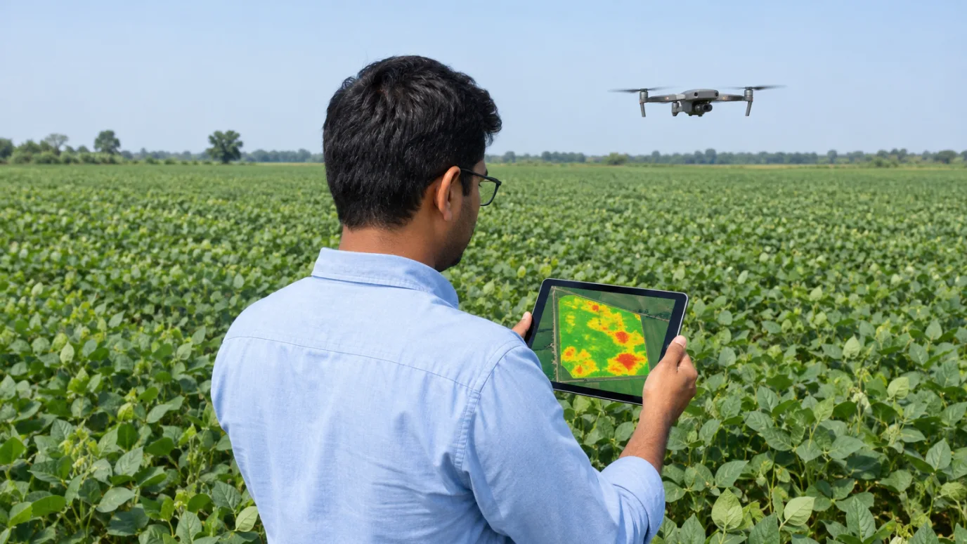 Over the shoulder of an agronomist in a soybean field, holding a tablet with a colour-coded field map while a small drone hovers ahead