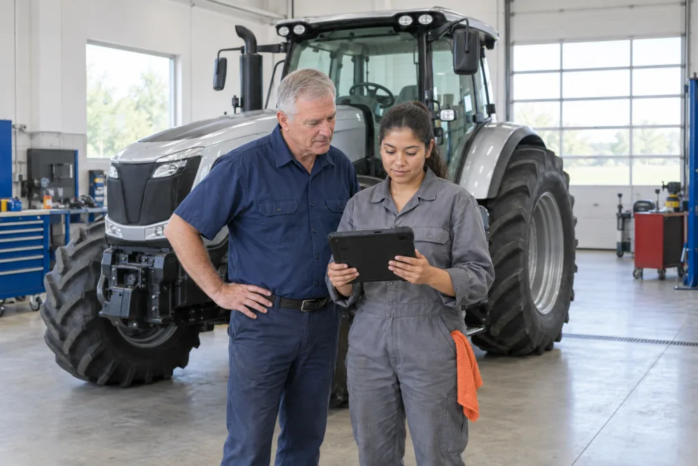 A service manager and a technician reading a rugged tablet in front of a silver farm tractor in a dealership service bay