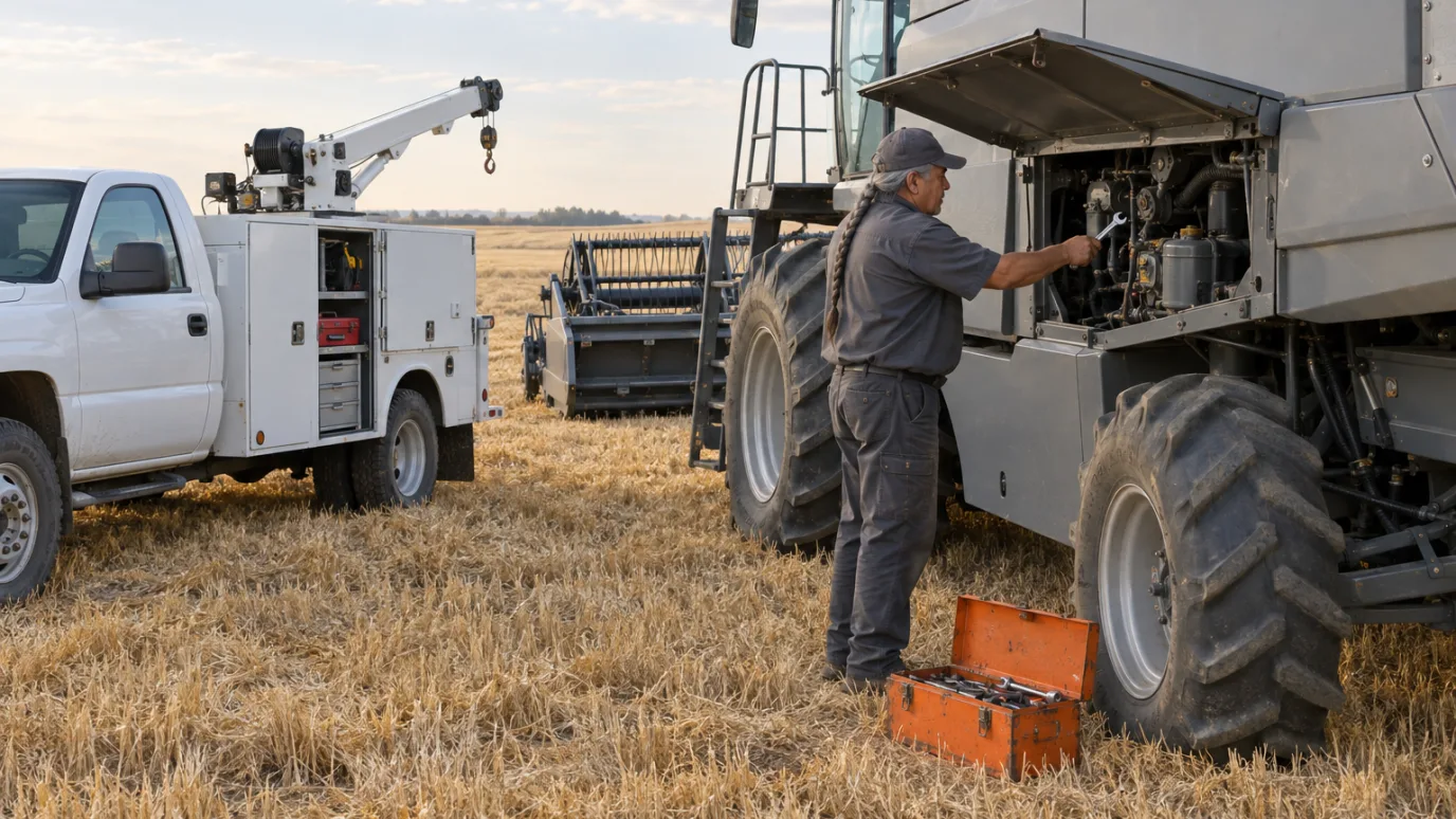 A mechanic reaching into an open side panel of a combine with a wrench in a wheat stubble field, beside a white service truck with a crane