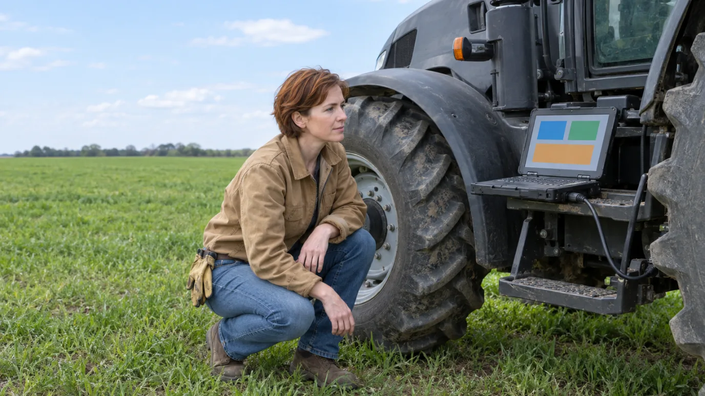 A field technician crouching beside a tractor wheel, with a rugged laptop cabled to the machine on the cab step