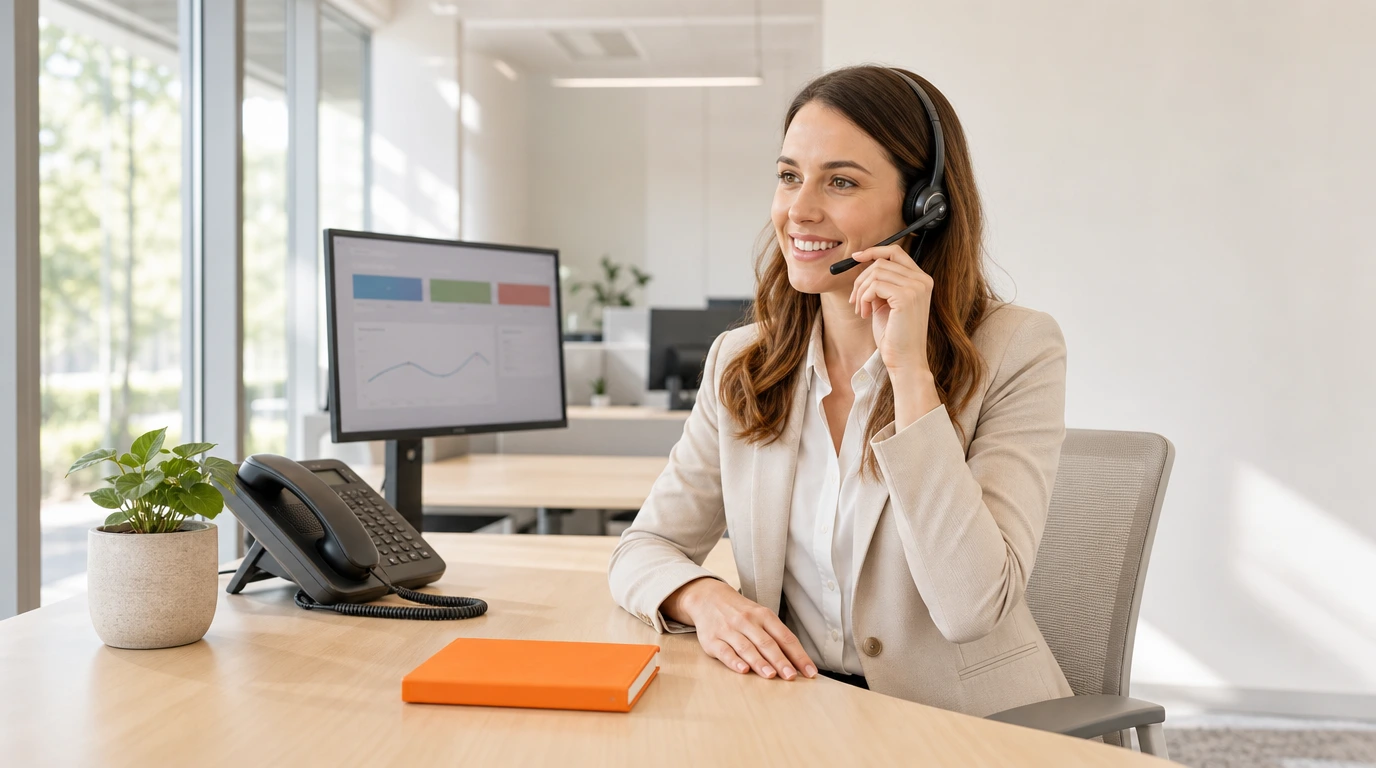 Receptionist wearing a headset answering a call at a bright front-office desk