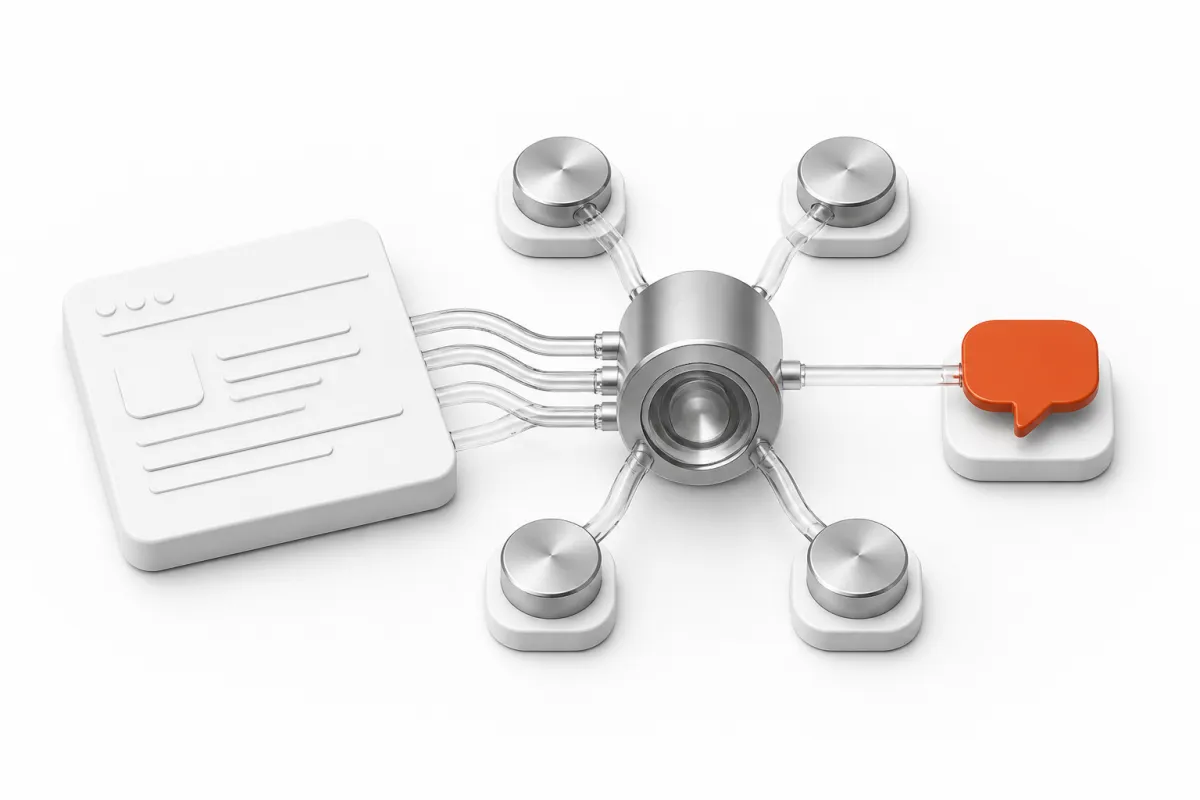 AI-generated model of how AI search optimization works: a web page feeds through a lens to several AI engines and one orange answer bubble