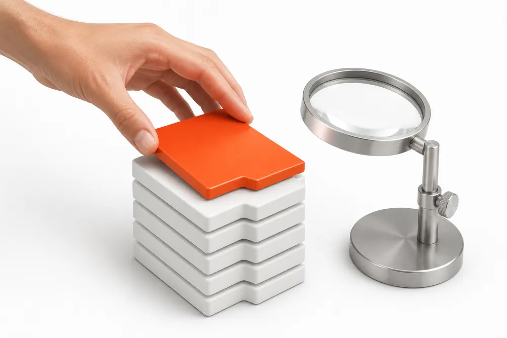 AI-generated illustration for AI SEO services: a hand placing one orange page tile on a stack of white page tiles beside a magnifying lens