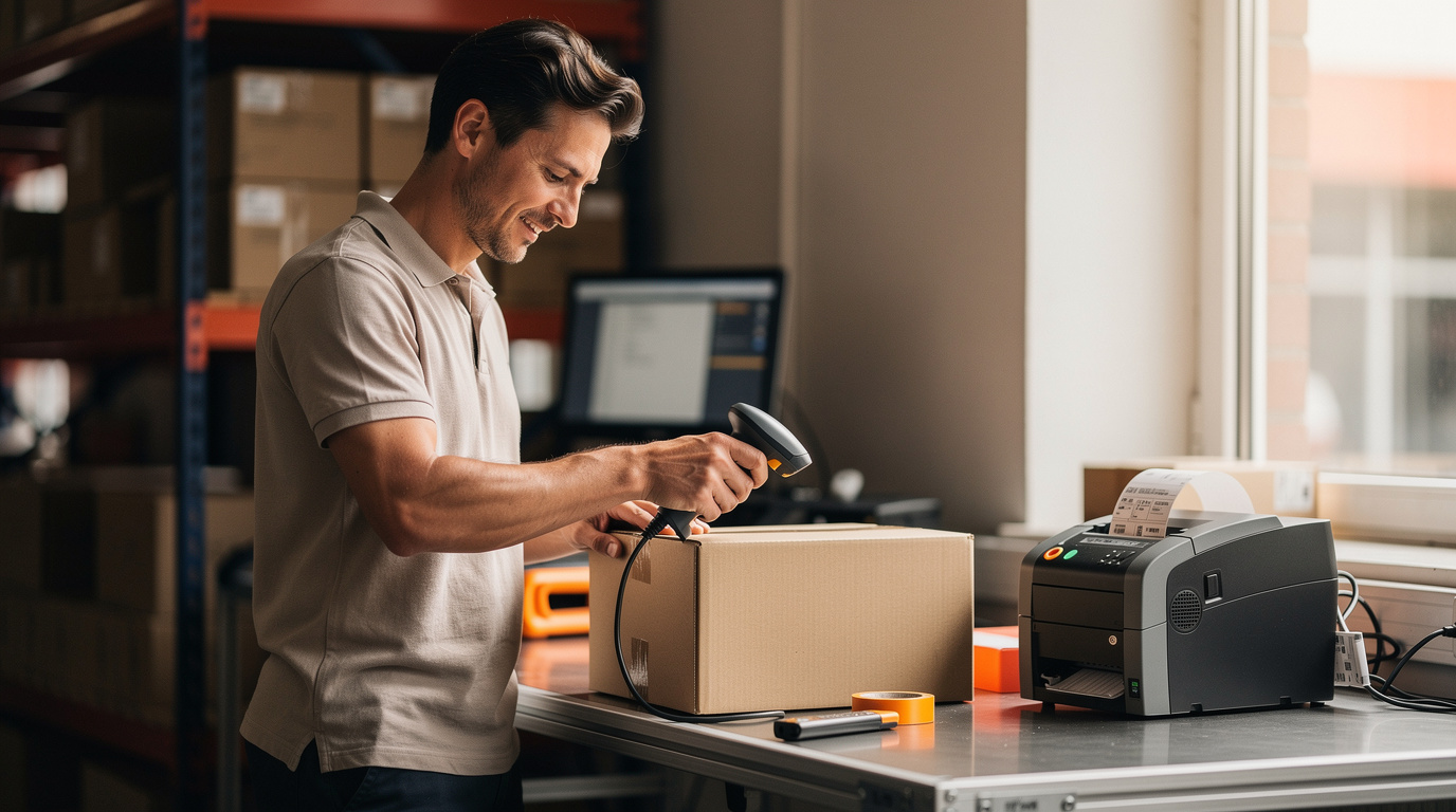A warehouse fulfillment worker scanning a shipment the support agent references for order-status tickets