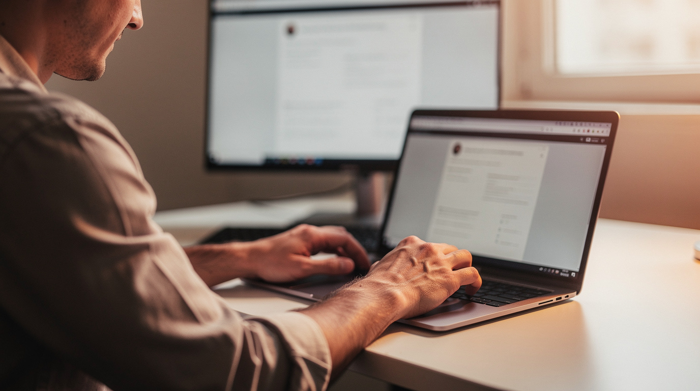 Close view of hands typing on a laptop while reviewing a written message, with a second monitor behind it