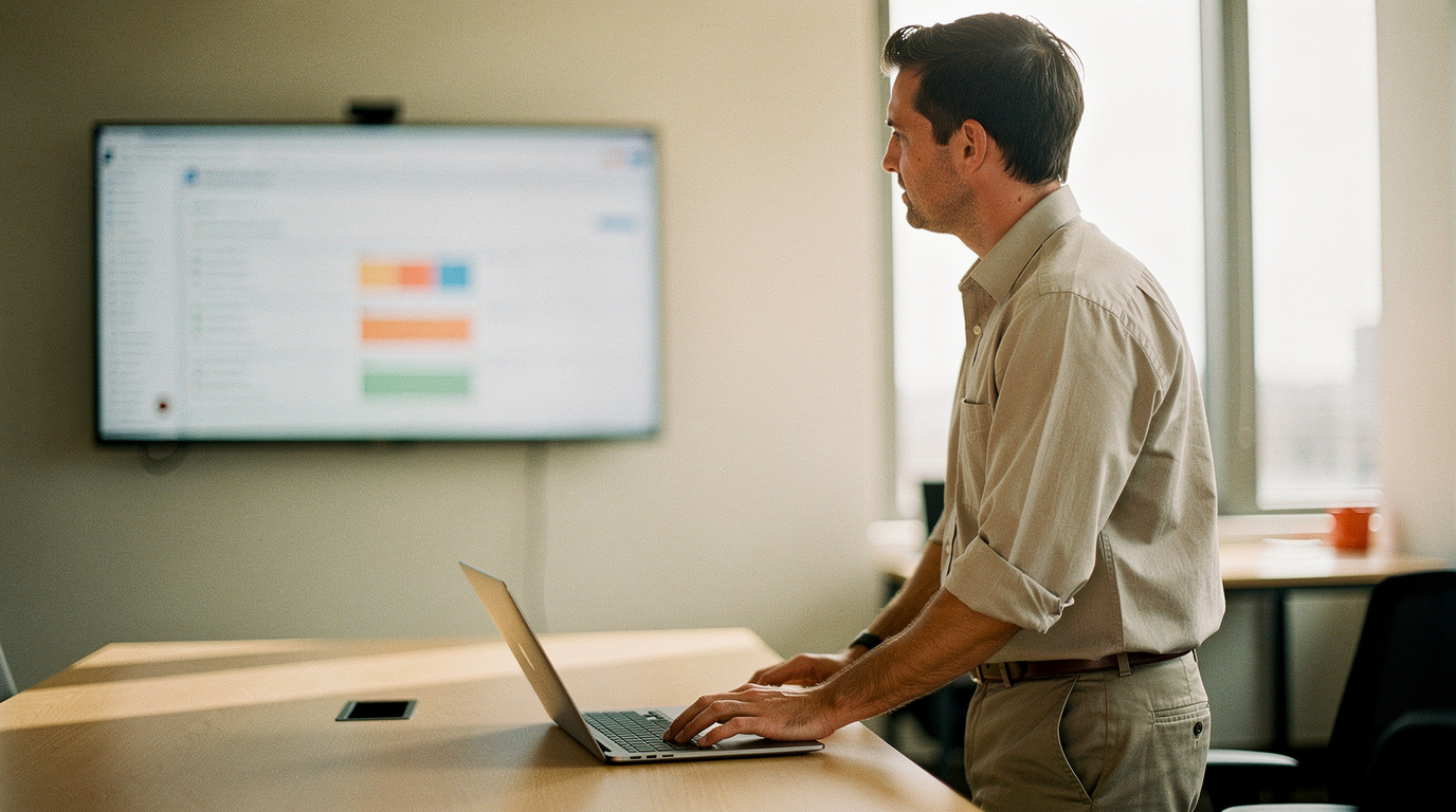 A man standing at a conference table with a laptop, looking at a dashboard on a wall-mounted screen