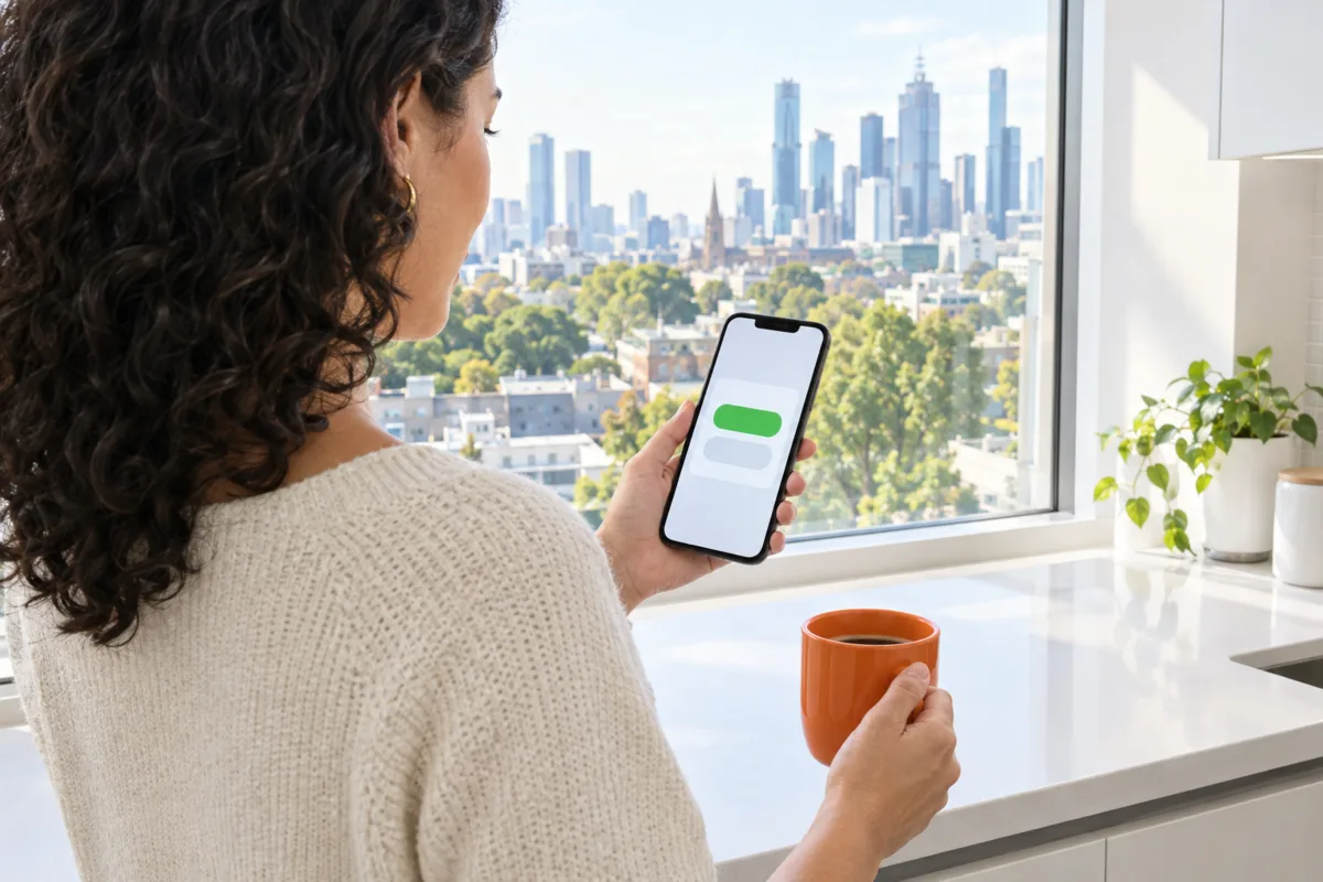 Over the shoulder of a Melbourne operations lead approving an action an AI agent drafted, on her phone, with a coffee in her other hand