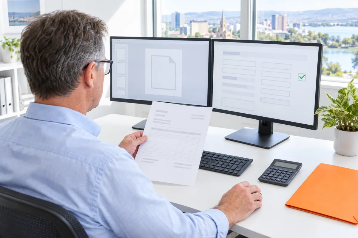 Over the shoulder of an Adelaide bookkeeper comparing a paper supplier invoice with the draft bill an AI agent prepared on his second monitor