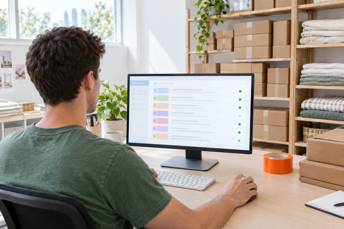 Over the shoulder of a team member in an online store back office working through an order inbox that an AI agent has already sorted and drafted