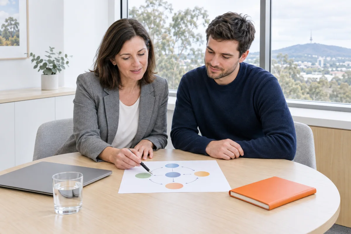 Two colleagues in a calm Canberra meeting room review a printed data flow diagram before any AI agent is built