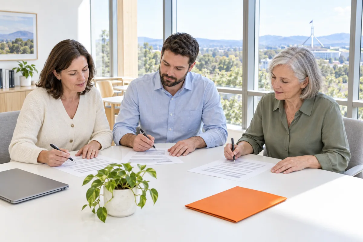 Three colleagues in a calm, bright Canberra office reading and marking up a printed draft AI usage policy together, with Parliament House in the distance