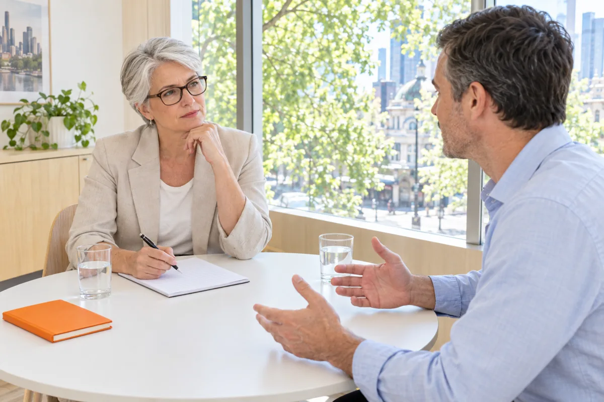 The owner of a Melbourne wholesale business, pen and notepad in hand, questions an AI consultant across a round table before deciding whether to hire him