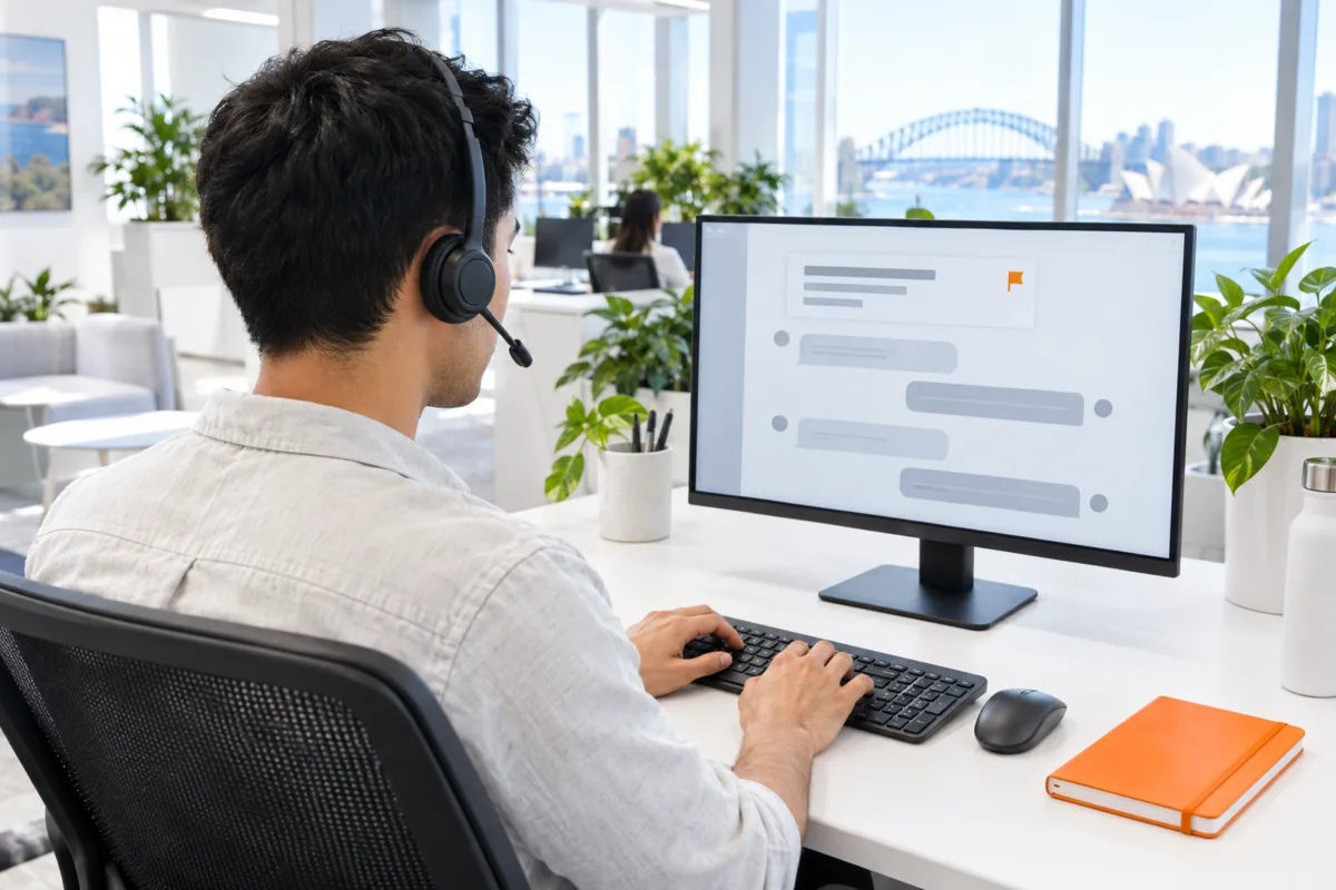 Over the shoulder of a Sydney support specialist on a headset picking up a handed-over chat, with the AI’s summary card flagged at the top of his screen