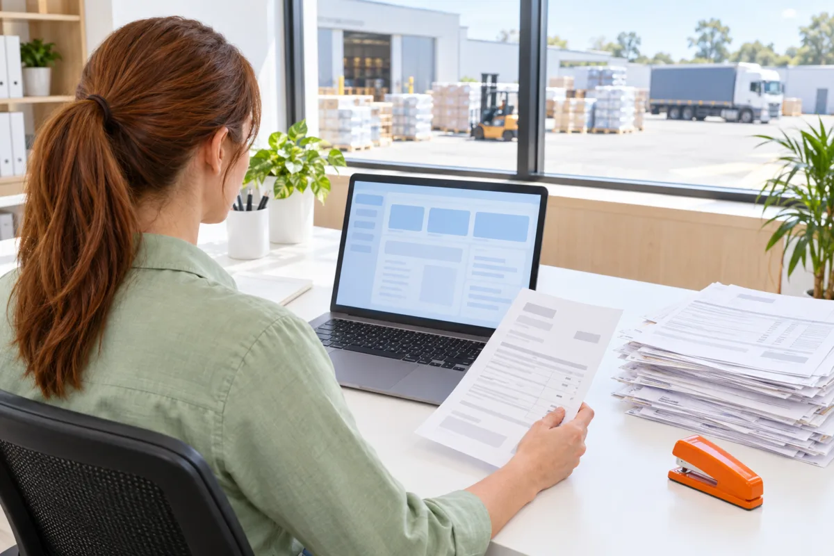 Over-the-shoulder view of an office administrator at a Perth wholesaler holding a printed purchase order beside a stack of orders and dockets waiting to be keyed into the system