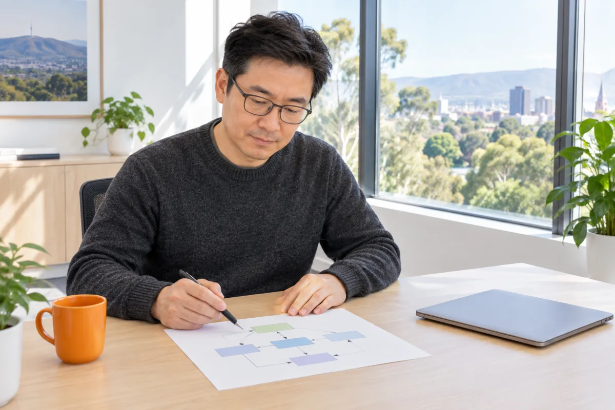 A privacy officer in a calm, bright Adelaide office reviewing a printed data map of boxes and arrows that shows where each piece of information in an AI system goes