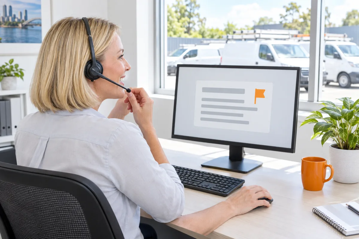 Over the shoulder of an office coordinator at a Brisbane plumbing business taking a transferred call on her headset, with the AI’s call summary on her screen