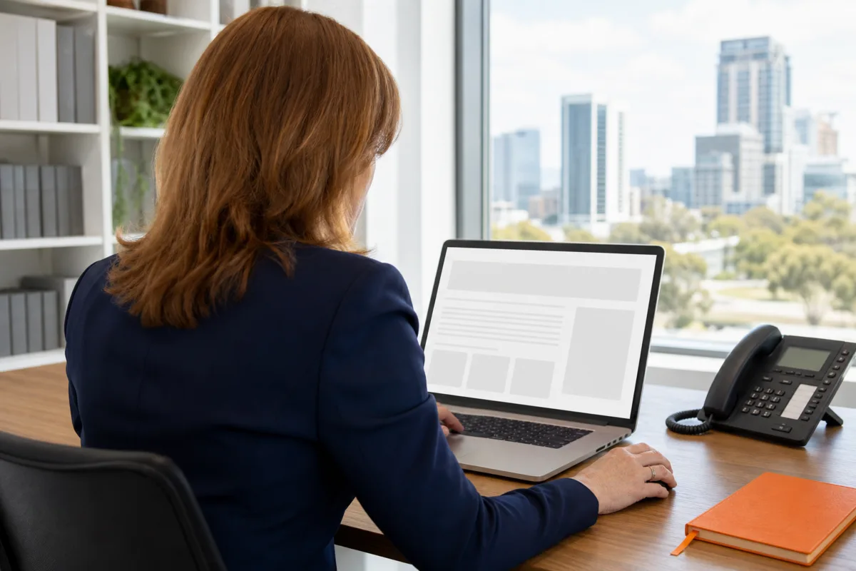 Over-the-shoulder view of a lawyer in a bright Perth office reviewing call summaries on her laptop, with a desk phone beside her