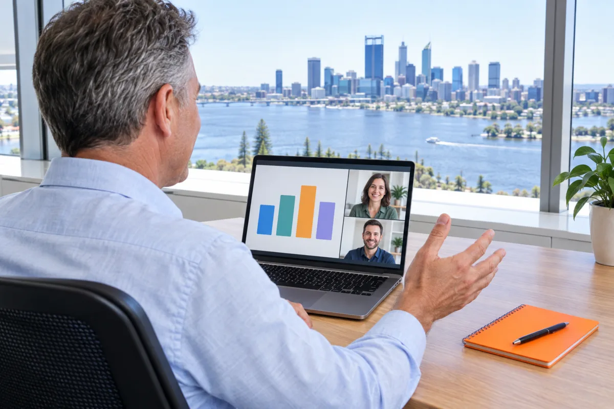A Perth business owner on a video call with the FactoryJet team, reviewing a shared AI visibility report on his laptop, with the Swan River outside his office window