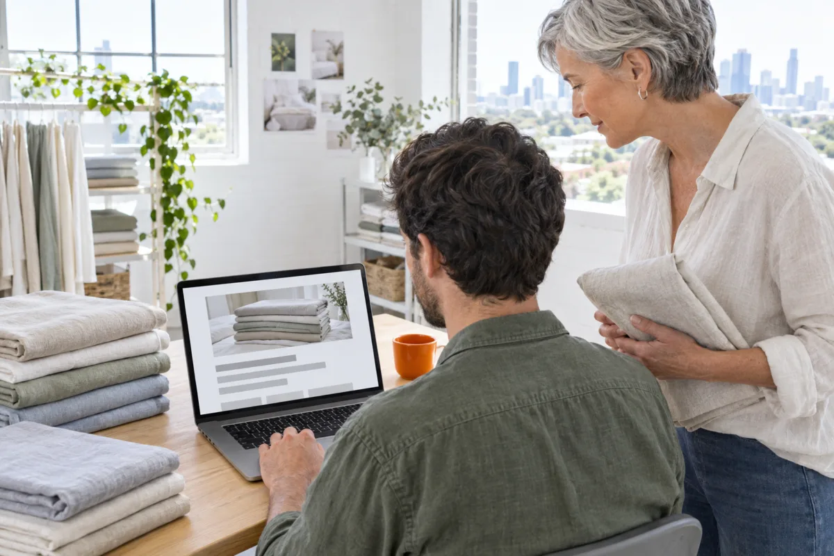 A FactoryJet web engineer checking a product page on his laptop while the owner of a Melbourne linen brand stands beside him holding a folded sheet
