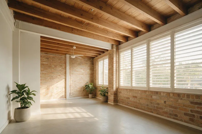A renovated Queensland commercial interior with brick, timber and louvre windows