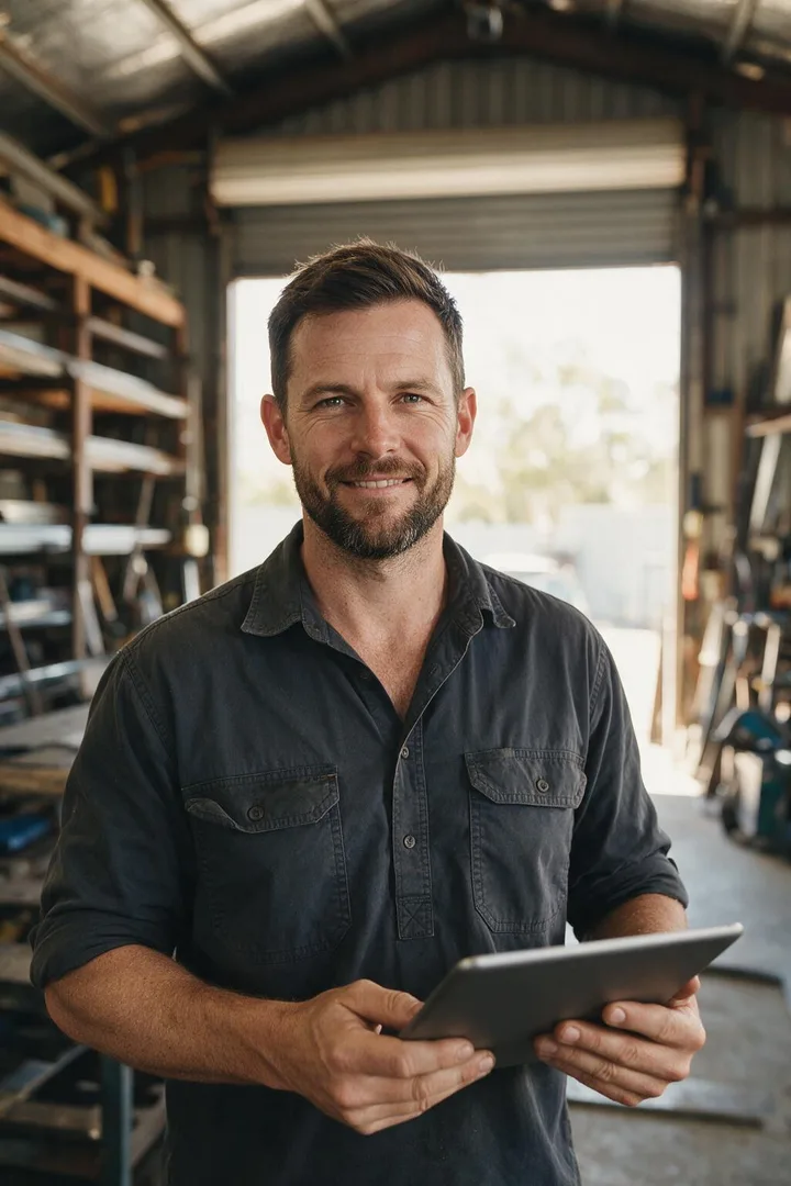 A Brisbane business owner reviewing his site on a tablet in his workshop