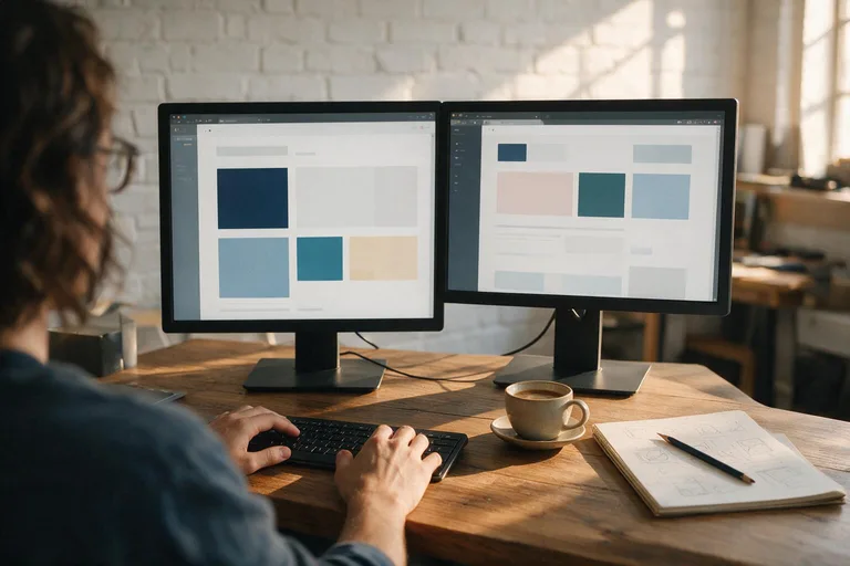 A FactoryJet website build in progress: layout blocks on dual monitors in the studio