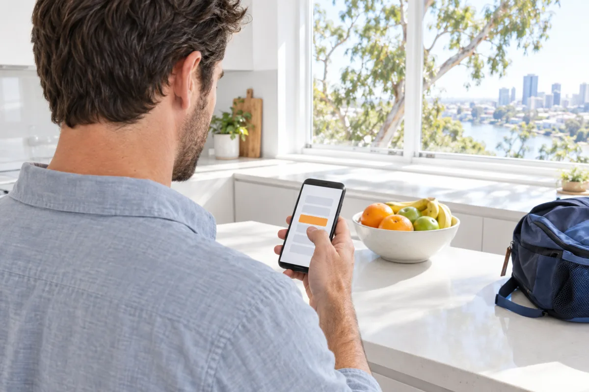 Over the shoulder of a man in a Brisbane kitchen choosing an appointment time on a dental practice booking screen on his phone