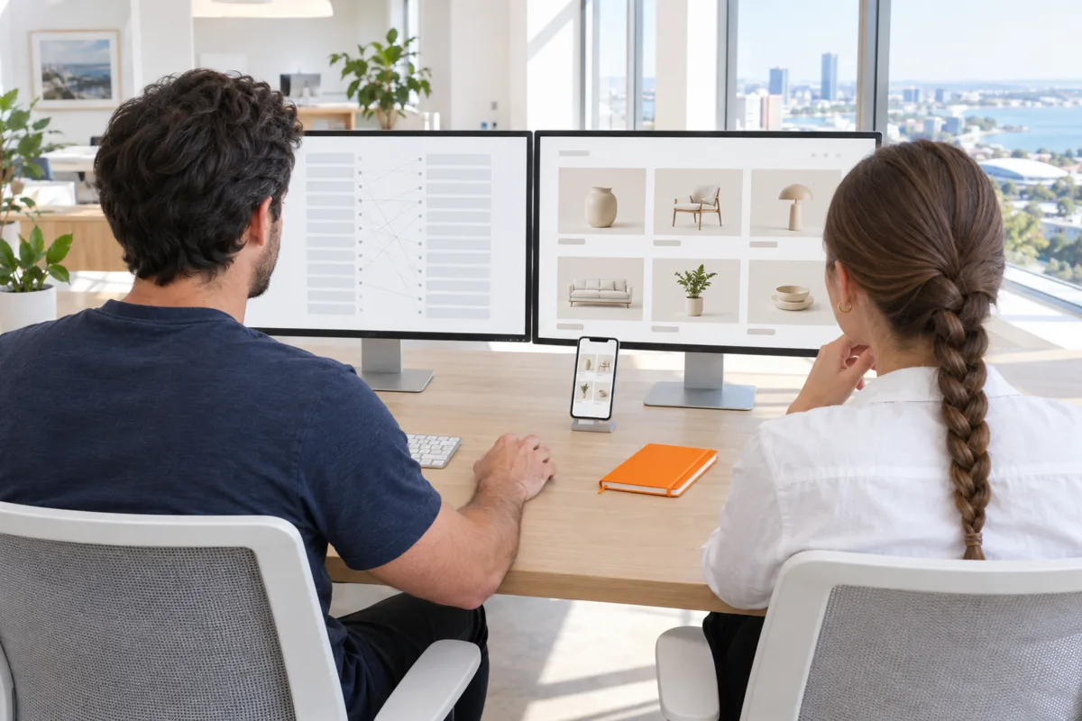 Two ecommerce engineers in a bright Adelaide office checking a redirect map on one monitor against the new store on another, with a phone on a stand for mobile testing