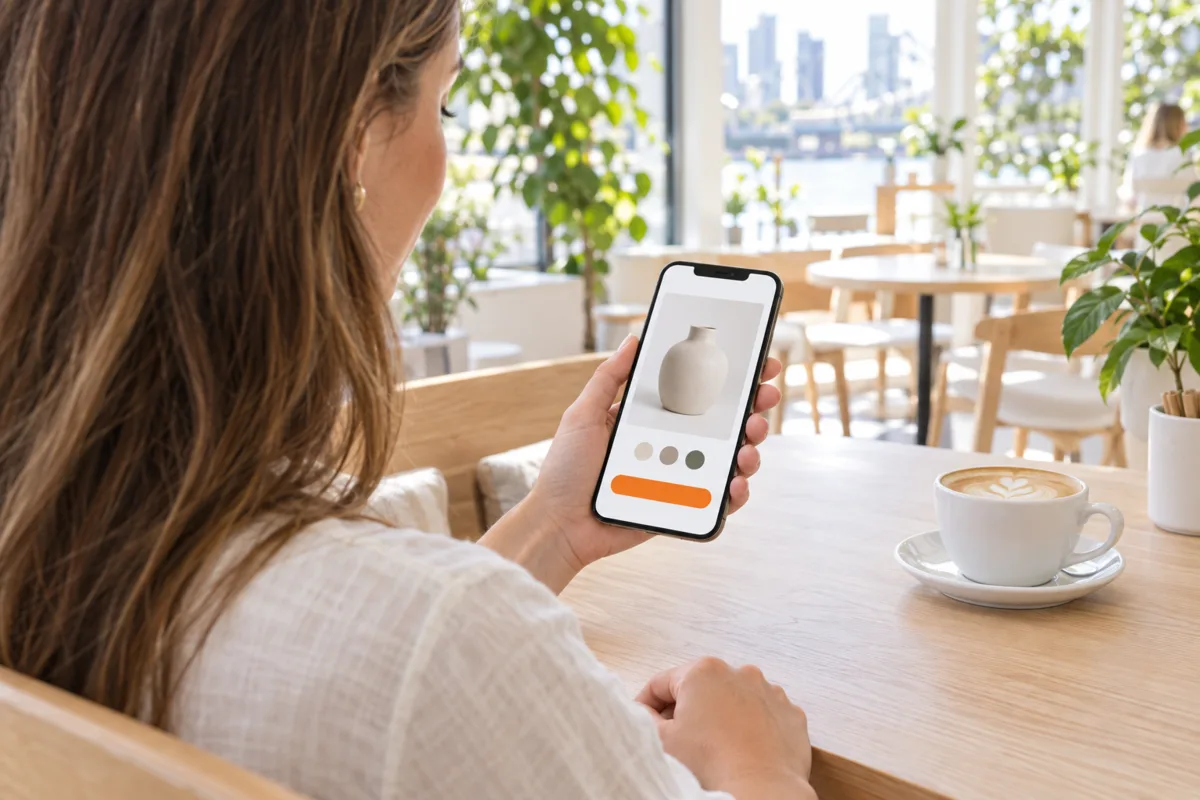 A shopper at a sunny Brisbane riverside cafe browsing a product page for a ceramic vase on her phone, seen over her shoulder