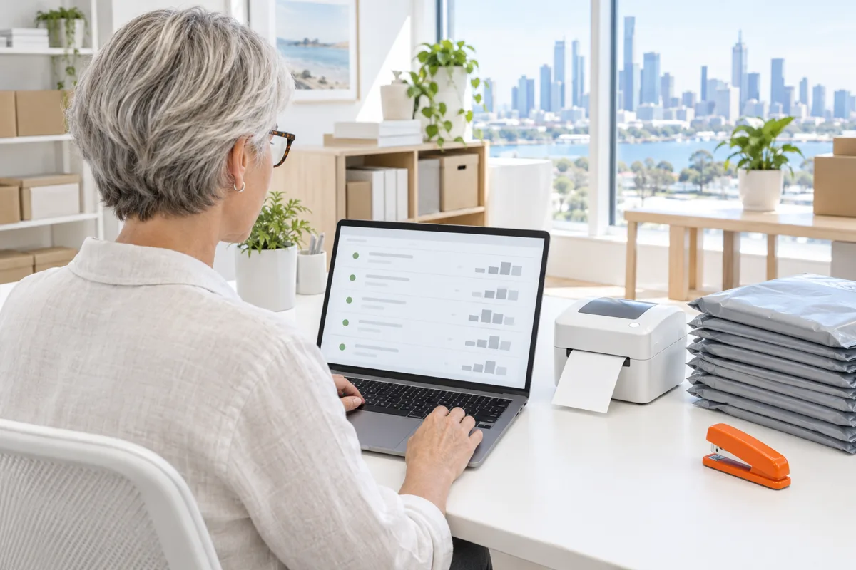 An operations manager at an online homewares brand checking synced orders on her laptop, with a label printer and courier satchels ready beside her