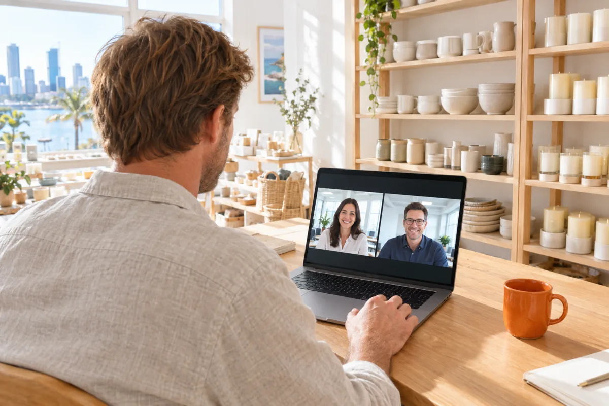 The owner of a Perth homewares and gift shop on a video call with his ecommerce team from the back room of his store, seen over his shoulder
