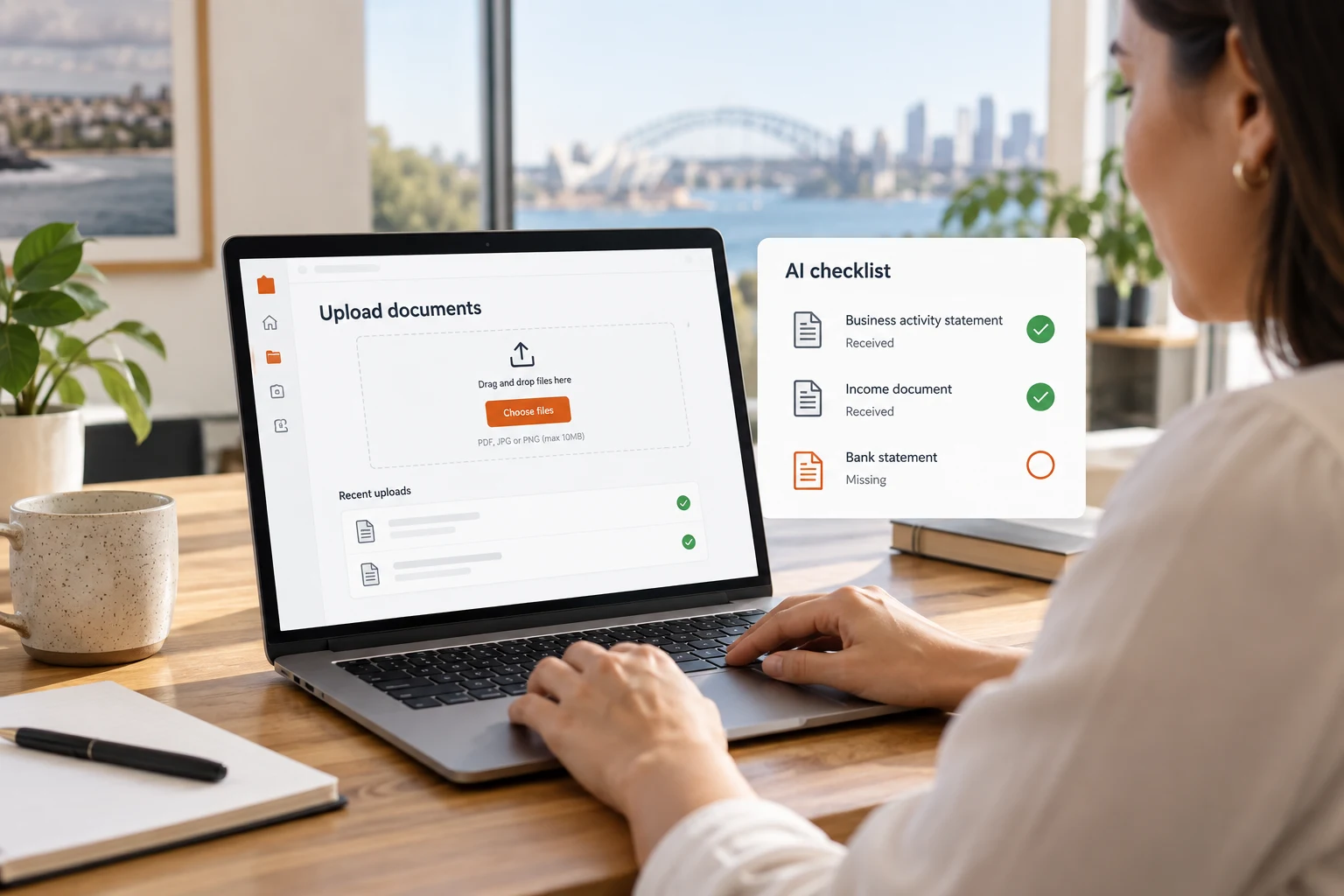 AI-generated mockup showing Mockup of a client portal upload screen on a laptop, with a short AI checklist beside it showing two documents received and one still missing, generic icons only, no brand names or readable personal data
