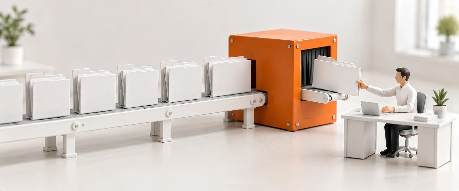 AI-generated model: a row of white document folders on a rail moving into an orange secure box, with one folder handed to a small human figure at a desk