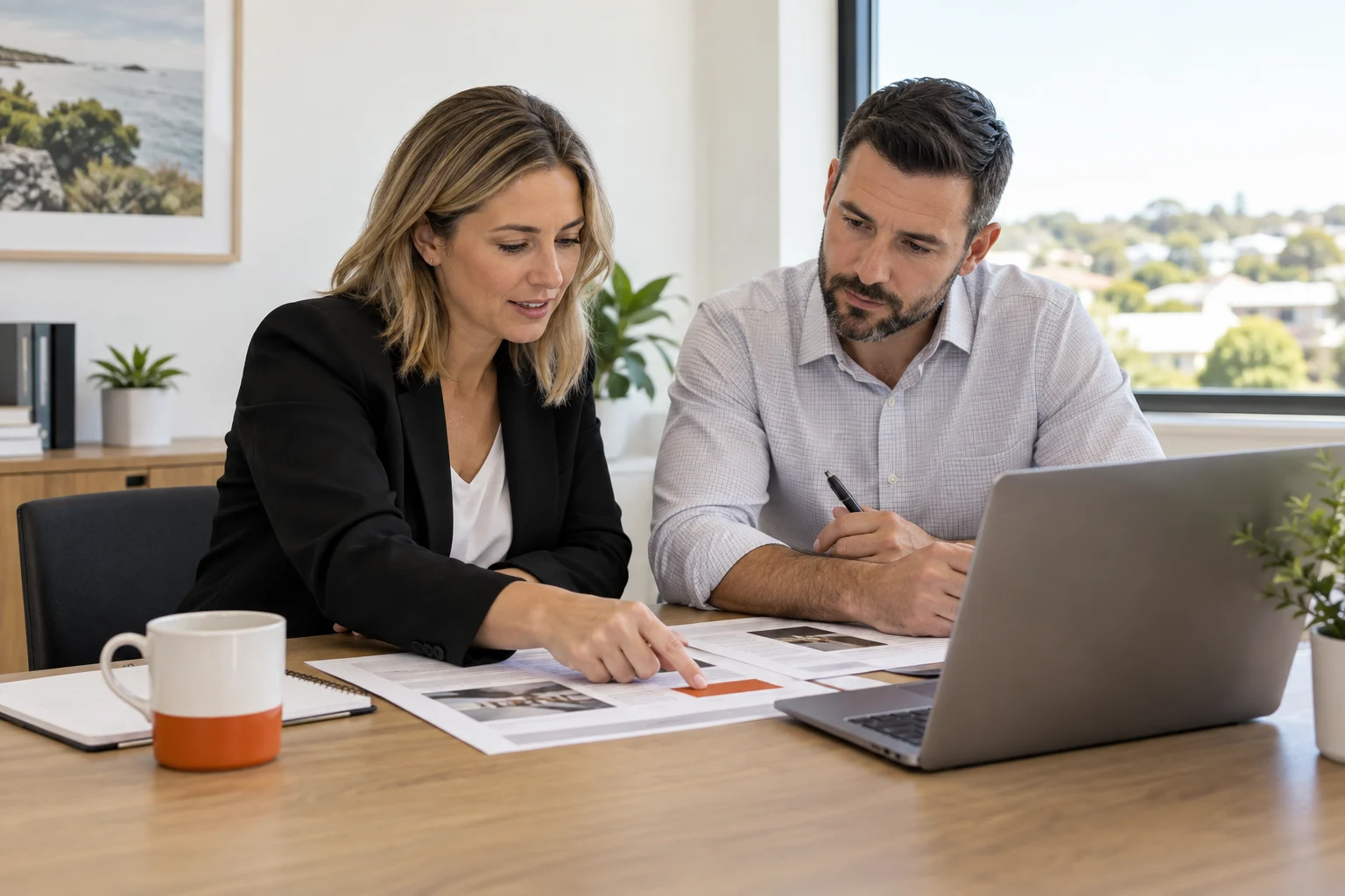 AI-generated photo showing Two accountants at a meeting table in an Australian suburban office, one pointing at a printed page layout, a laptop open and facing them, no readable text